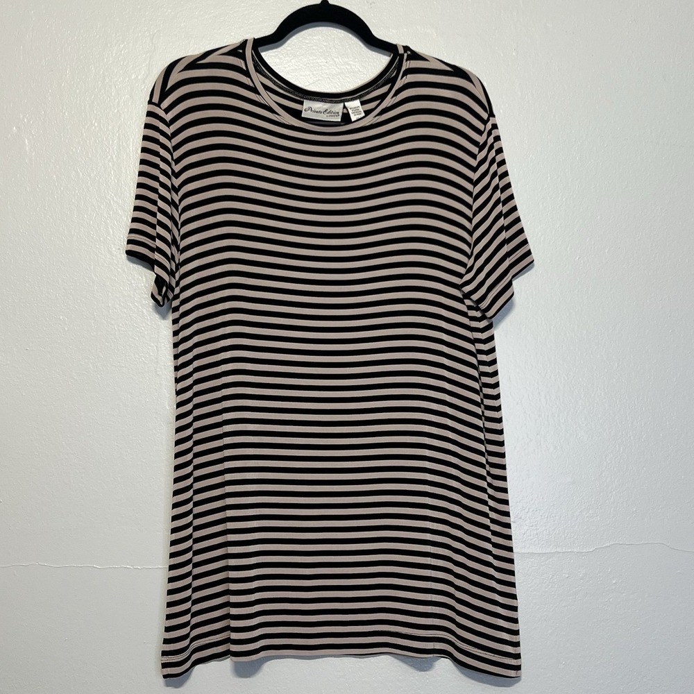 Chico's Private Edition Sz 3 Short Sleeve Tunic Top Slinky Black & Brown‎ Stripe